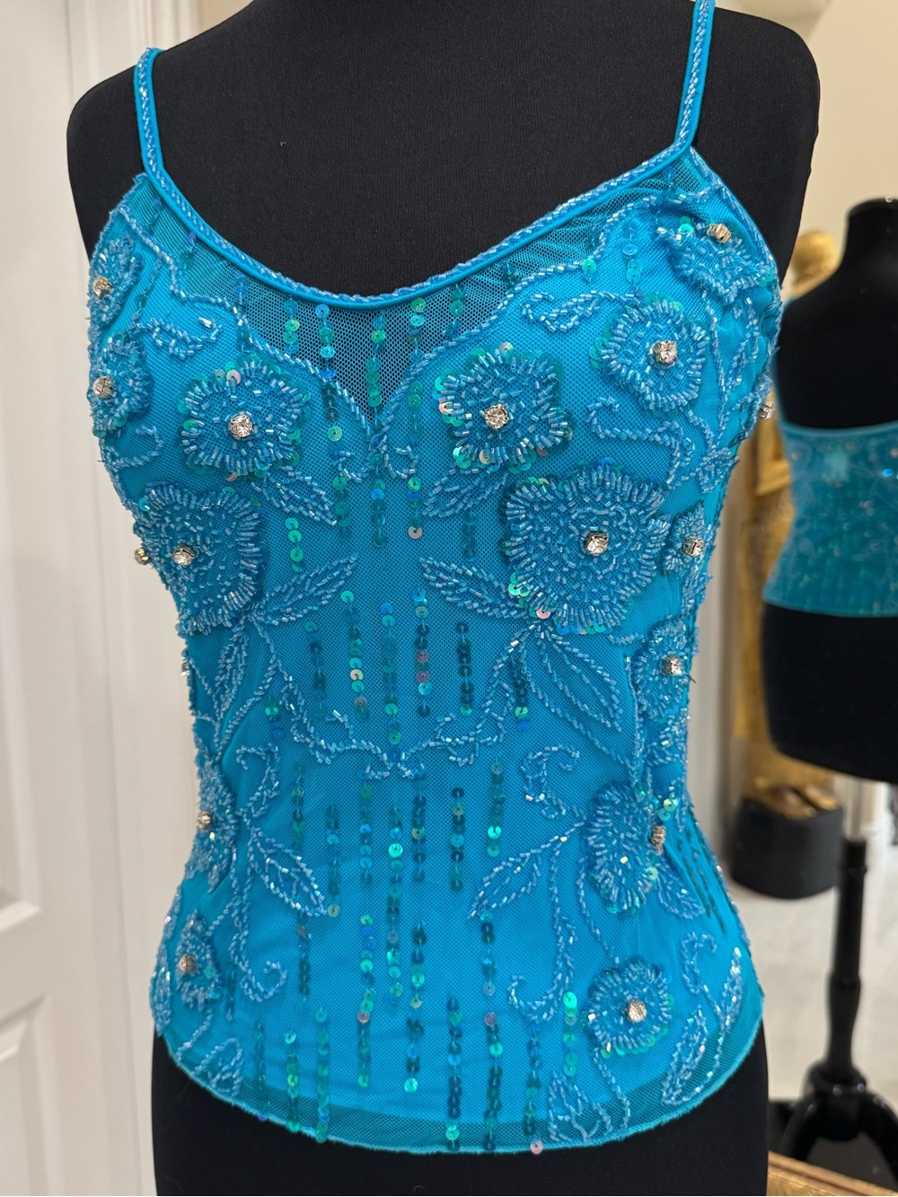 Hand Beaded Floral Camisole Top - rhinestones Turquoise Made on stretch fabric